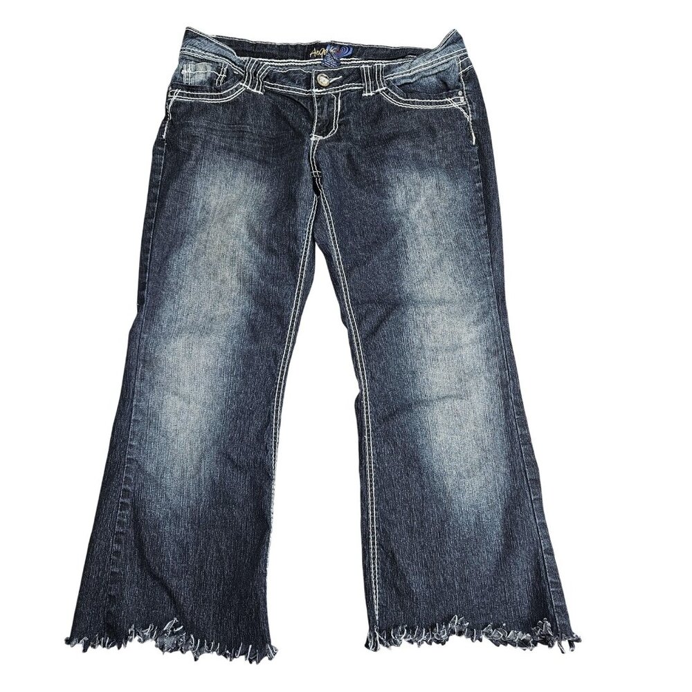 Angels Wide Leg Jeans Juniors 11 Blue Wash Low‎ Rise Fringe Hem Stretch Denim
